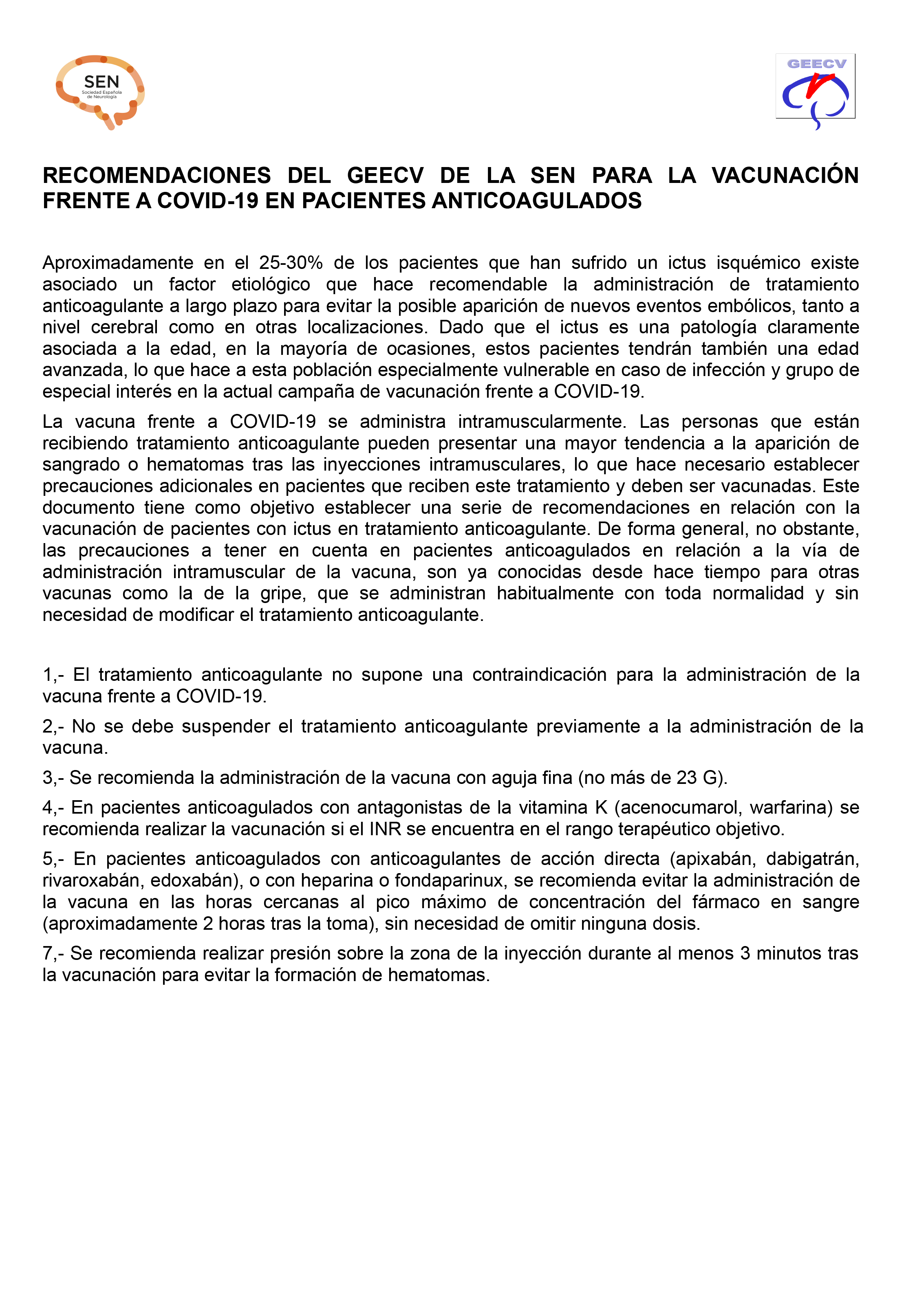 RECOMENDACIONES DEL GEECV DE LA SEN PARA LA VACUNACIÓN FRENTE A COVID-19 EN PACIENTES ANTICOAGULADOS